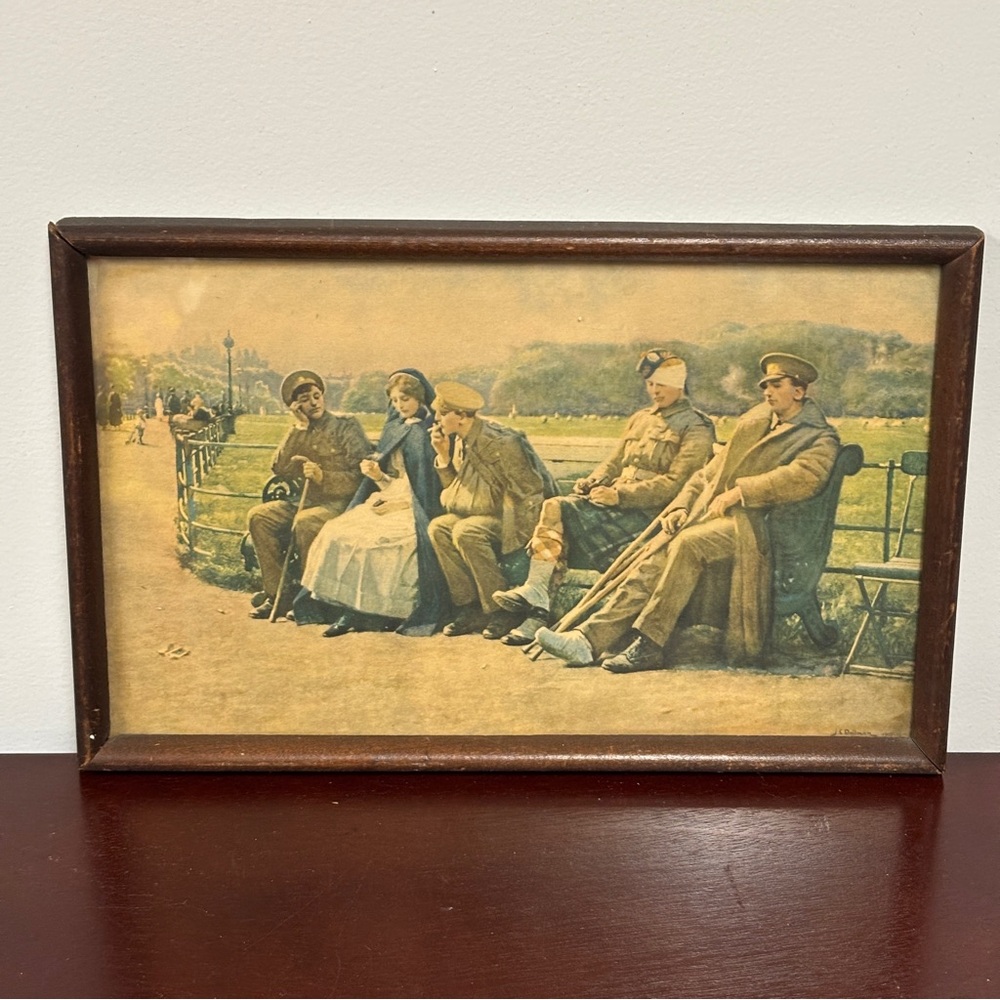 Antique Framed Print Recuperating Soldiers by JC Dollman 12x7 1/2”